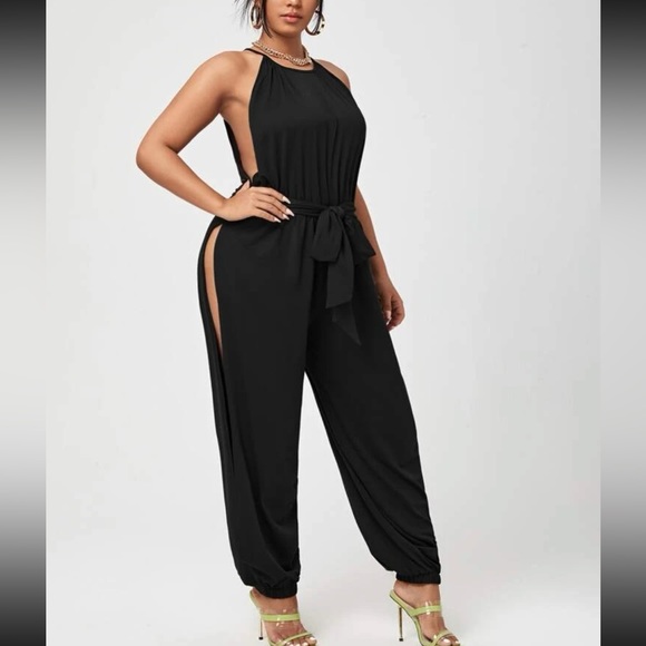 Sexy Plus Size Halter Cami Belted Self Tie Jumpsuit Slit Black - Picture 1 of 5